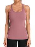 ATTRACO Ribbed Workout Tank Tops for Women with Built in Bra Tight Racerback Scoop Neck Athletic Top, Red Merlot, Large