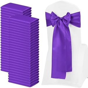 FXKS 100 Pack Purple Satin Chair Sashes, 7 x 108 Inch, Wedding Bows