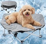 pecute Elevated Dog Bed Foldable with Cooling Mat, 3-Sec Pop-Up No-Assembly Raised Pet Cot for Outdoor Camping, Raisd Dog Bed Holds 60kg, Breathable Mesh Cooling Travel Dog Bed,M,Dia 60cm