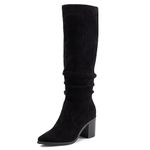 Athlefit Womens Knee High Chunky Heel Boots Faux Suede Pointed Toe Side Zipper Boots, Black, 8