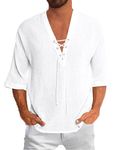 YAOBAOLE Loose Linen Shirt for Men Grandad Collar Drawstring Shirt Ghillie Hippie Henley Top White 3XL