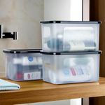 Kuber Industries 3 Pcs Small Plastic Boxes for Storage With Lid - Pooja & Office Items, Baby Clothes & Diaper Organizing Transparent Boxes | Black