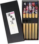 EXZACT Chopsticks Gift Set - 5 Pairs of Reusable Natural Bamboo Chopsticks in a Beautiful Black Handmade Box - Decorated Japanese Lucky Cat/Fortune Cat Style