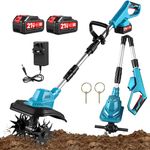 Cordless Tiller, 21V Electric Tiller with 2 Battery, 360RPM Foldable Soil Turner with Adjustable Handle,Garden Cultivator Rotavator, 20cm Working Width, 16cm Depth,for Soil Cultivation Lawns Garden