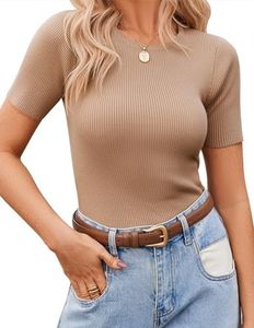 Zeagoo Women's Short Sleeve Shirt Basic Tops Crewneck Ribbed Knit Slim Fit T Shirt Cute Summer Outfits