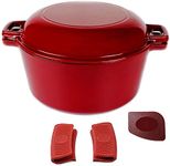Pinnacle Cookware – 4.73 Litre / 5 Quart Enameled Red Cast Iron Double Dutch Oven/Casserole Dish, Dual Function Lid/Skillet, with Handle Covers and Scraper, 2 in 1 Cooking Set
