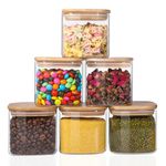 Glass Food Storage Jars 27oz Set of 6,Glass Storage Containers Clear Glass Food Canister with Bamboo Lid Airtight For Serving Tea, Coffee, Flour, Sugar, Candy, Cookie, Spice and More (Square)