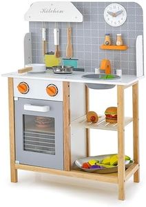 COSTWAY Wooden Kids Play Kitchen, Pretend Kitchen Toy Set with Cookware Accessories, Realistic Sound, Cute Clock, Spice Rack & Dish Rack, Children Role Play Chef Cooking Set for Boys & Girls