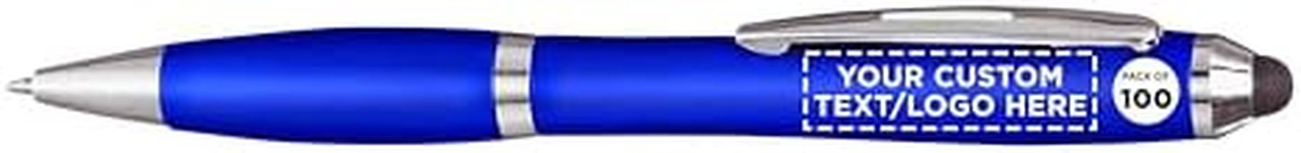 DISCOUNT PROMOS Custom Plastic Stylus Pens Set of 100, Personalized Bulk Pack - Black Ink, Great for Office, School, Business, Tradeshows, Events - Blue