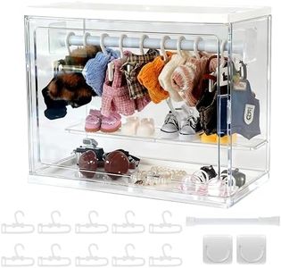 Clear Display Case Compatible with Labubu 15/17cm Doll Clothes & Accessories, Includes 10 Hangers, 1 Rod & 2 Supports, Stackable Doll Wardrobe Acrylic Organizer Shelf