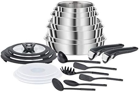 Seb Compact Inox Batterie de cuisine 20 pièces, Induction, Poêles 22/24/26 cm, Casseroles 16/18/20 cm, Sauteuse 24 cm, Couvercles verre + conservation, Spatules, Poignées L953SK04