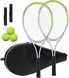 Tennis Racket Pre-Strung Lightweight 27 Inch Racquet Recreational Adult Rackets for Men Women Students Training Tennis Starter Kit with Balls,Carry Bag and Overgrips (Green/White - 2 Rackets)