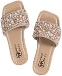 GORGLITTER Girl's Glitter Rhinestone Pearls Slide Sandals Vacation Square Open Toe Summer Flats Sandals Brown 3.5