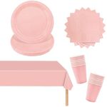 53Pcs Pink Party Tableware Set,Including Pink Paper Plates Cups and Serviettes Napkins Table Cloth Tablecover for Kids Picnic Birthday,Baby Shower Graduation Wedding Christmas Party Supplies