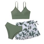 Girls 3 Piece Swimsuits with Skirts Cover Up High Waist Bathing Suit Beach Sport Spaghetti Strap Bikini Tops Pants Quick Dry Swimming Costume Summer Holiday Surfing Teen Kids (1B-Green, 12Y/13Y)