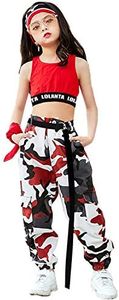 Girls Hip Hop Clothes 2 Piece Outfits Crop Tops Camouflage Jogger Pants Set Jazz Street Dancewear (10-12, Red)