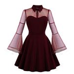 Wellwits Women's Keyhole Mesh Bell Long Sleeve Swing Cocktail Dress Wine S