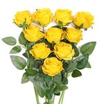 JUSTOYOU 10 PCS Yellow Rose Artificial Silk Flowers Realistic Bouquet,Single Long Stem Fake Roses for Home Table Office Party Wedding Garden Arrangements(10 PCS，Yellow)