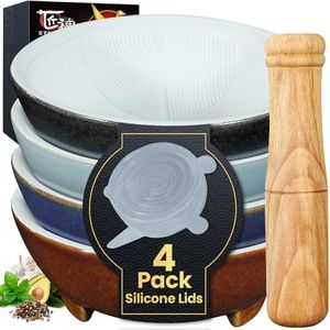SYOKAMI 4Pcs Mortar and Pestle Set with Silicone Cover, 1.25 Cup Small Ceramic Bowl, Lightweight with Grinding Ridge, High Efficiency Grind Spices, Make Fresh Guacamole, Spice, Herb, Color-Coded, Gift