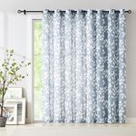 Blue White Sliding Glass Door Curtain Leaf Print Semi Sheer Curtain panels 100" Extra Wide 84" Linen Textured Privacy Window Draperies for Living Room Privacy Botanical Glass Door Curtain 100"w 1 pc