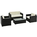 Outsunny 4 Pieces Outdoor PE Rattan Sofa Set with Cushions, Patio Wicker Conversation Furniture Set with Glass Top Coffee Table, Black