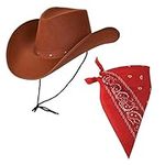 Adult Texan Cowboy Hat Brown & Red Bandana/Neckerchief Fancy Dress Party Accessory Wild Western Sheriff Country Western Rancher