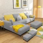 FURNY Mintoo 8 Seater Fabric LHS Sectional L Shape Sofa Set with 1 Centre Table & 2 Puffy (Light Grey)