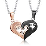 Jstyle Stainless Steel Mens Womens Couple Necklace Friendship Puzzle CZ Love Matching Heart Pendants Black&Rose-Gold