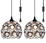 CICIKEY Plug in Pendant Light, Modern Vintage Crystal Pendant Lighting Fixture Black Industrial Farmhouse Kitchen Island Dining Room Hanging Lamp, with 15FT Adjustable Cord and On/Off Switch 2 Pack