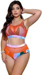 Floerns Women's Plus Size Bathing Suit Fishnet High Waist Bikini Set Rave Outfit Orange Multi 2XL