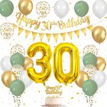 30th Birthday Decorations Set, 30th Birthday Balloons with Sage Green, White and Gold Balloons, Happy Birthday Banner and Cake Topper, 30 Balloons, for Birthday Party Decorations for Men Women