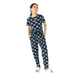 LABEL MY Women's Top & Pyjama Set | Comfortable Knitted Cotton | Round Neck Top with Three Buttons | Pyjama with Side Pockets, Elastic Waist & Drawstring (L, Spiral Navy Blue)