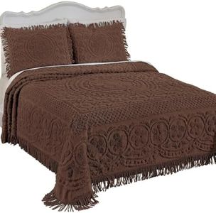 Collections Etc Calista Chenille Lightweight Bedspread with Fringe Border, Chocolate, King