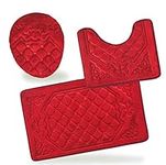 All American Collection 3PC Memory Foam Bath Mats Soft Plush Crown Design Anti-Slip Shower Bathroom Contour Toilet Lid Cover Rugs (Red)