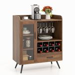 COSTWAY Wine Storage Cabinet, Bar Buffet Cabinet with 3-Row Wineglass Holder, Removable Wine Rack, Tempered Glass Door & Anti-Tipping Kit, Kitchen Sideboard for Dining Room & Living Room, Rustic Brown