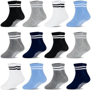 HYCLES Toddler Socks, Non Slip Kid Socks Floor Skid with Grips for 1-3 Yrs | Gripper for Baby Walker, Crew Socks for Boys Girls, Anti-Skid on Floor, Staircase, Double-striped, Black, White, Grey