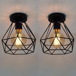 ktjes Vintage Hallway Ceiling Light, Black Semi-Flush Mount Basket Cage Ceiling Lamp Metal Industrial Retro Pendant Light for Stairway Cloakroom Bedroom Kitchen Living Room, Pack of 2