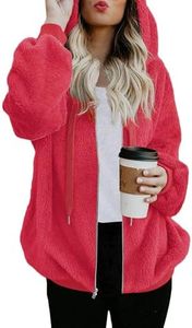 ReachMe Womens Sherpa Jackets Fall Sweaters Oversized Fuzzy Fleece Zip up Hoodies Winter Coats with Pockets (01 Red,L)