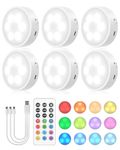 Puck Lights with Remote, 13 RGB Colors LED Under Cabinet Lights, Rechargeable Baterry Operated Under Cabinet Lighting Tap Lights, Stick on Lights with Dimmer and Timer（6 Pack）