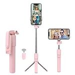 Trakxy Selfie Stick Tripods Compatible with All Phones, 3 in 1 Extendable and Portable Monopod Tripod Stand with Detachable Wireless Remote Shutter Phone Holder for All iPhone, Galaxy and More-Pink