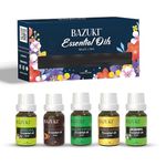 BAZUKI Essential Oil (Mogra, Rose Wood, Eucalyptus, Sandlewood, Jasmin) - Pack of 5- Diffuser Aroma Oil, Candle Burner & Electric Diffuser Aroma Oil for Home Fragrance Candle -10ml Each