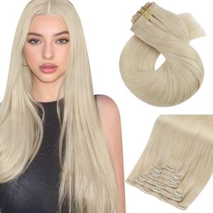 Moresoo Seamless Clip in Hair Extensions Real Human Hair Platinum Blonde Human Hair Clip in Extensions PU Weft Clip in Human Hair Extensions Full Head 20inch 7pcs 120g