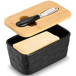 Porcelain Butter Dish, European Size Ceramic Butter Container with Wooden Lid, Double Silicone Seals Design Butter Box for Butter, Nuts, Cheese, 650ml（Black）