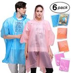 Emergency Rain Poncho Adult with Drawstring Hood - 6 Pack of Color Assorted Waterproof Thinker Ponchos - Lightweight yet Strong, Reusable or Disposable - for Concerts, Amusement Parks, Camping.