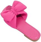 OYOANGLE Women's Bow Decor Square Open Toe Flat Sandals Solid Plain Lightweight Soft Slip on Dressy Slides Hot Pink 7.5