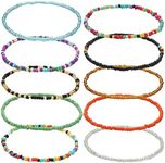 VEGCOO 10 Pcs Boho Anklets Bracelet, Handmade Beaded Anklet Bracelet Elastic Thread Glass Beads Anklet, Colourful Beads Foot Jewelry for Women Girls Ladies (10 Pcs)