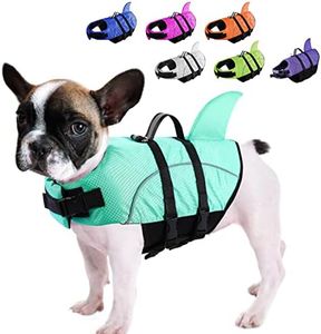 Queenmore Small Dog Shark Life Jacket,Dog Life Vest for Swimming Boating Kayaking,High Buoyancy Puppy Dog Life Preserver,Reflective Light Dog Lifesaver with Strong Rescue Handle (Light Blue,M)