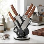 HomeEssentials 4-Piece Stainless Steel Knife Block Set, 360° Rotating Swivel Base, Ergonomic Rosewood Handles & Fan-Style Protective Sheaths - Professional Chef Knife Set for Contemporary Kitchens