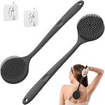 ManmiHealth Silicone Back Scrubber for Shower 2 Pcs(Thick+Thin Bristles), 15'' Long Handle Body Scrubber, Light & Easy-to-Hold Shower Brush for Skin Exfoliating and Massaging with a Free Hook(Black*2)