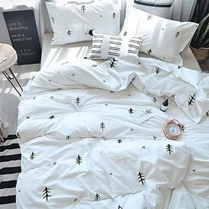 BuLuTu Kids Duvet Cover Full Cotton White/Grey,Premium Boys Girls Bedding Sets Queen,Double Bed Comforter Cover Zipper Closure,Forest Tree Print Pattern,Super Soft,Breathable,No Comforter